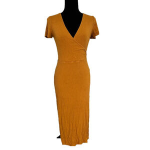 MIXED THREADS TAN BROWN SHORT SLEEVE V NECK RIBBED MAXI DRESS